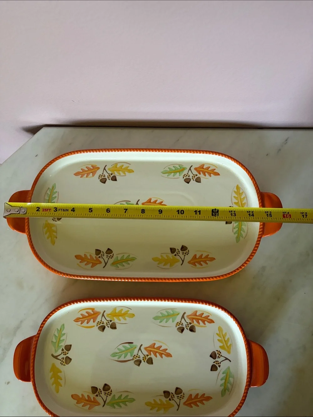 Temptations by Tara Ceramic Serving Trays in Orange with Autumn Leaf Accent