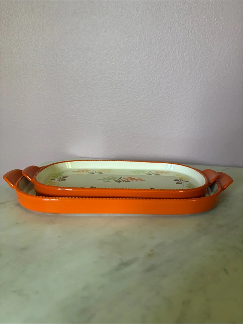 Temptations by Tara Ceramic Serving Trays in Orange with Autumn Leaf Accent