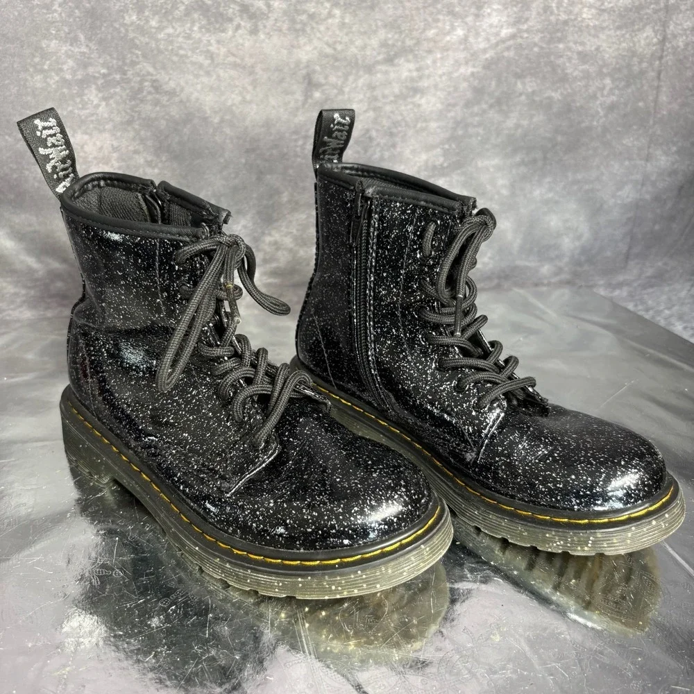 Dr Martens 1460J Girls 3 Black Glitter Leather Lace Up Zip Ankle Combat Boots