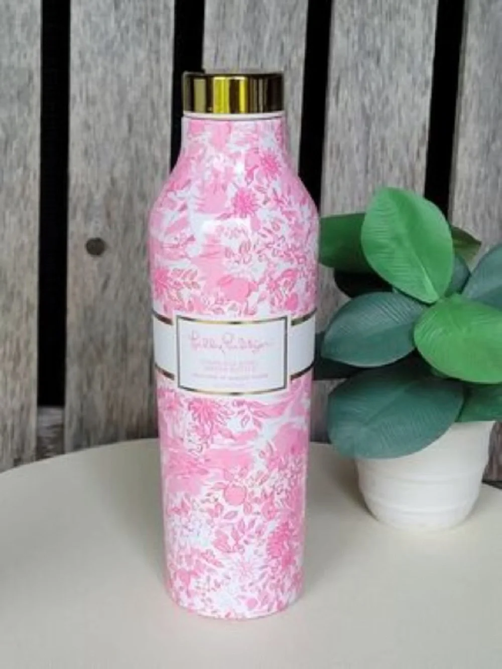Lilly Pulitzer Pink Floral Insulated Water Bottle with Gold Cap