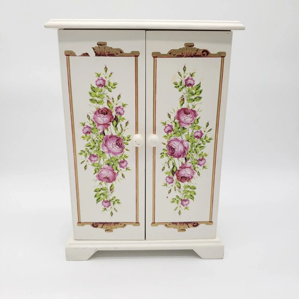 Vintage Shabby Chic White Floral Jewelry Armoire Rose Trinket Box Organizer