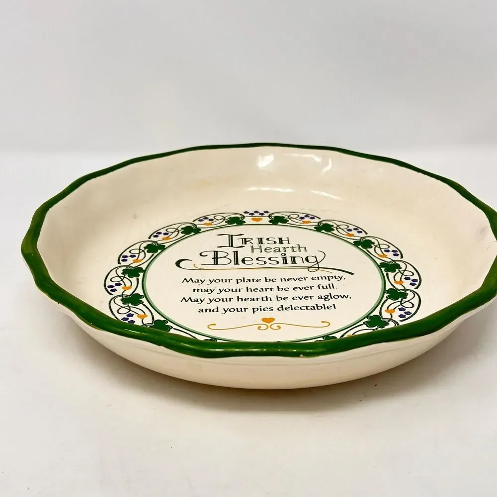 Vtg Ceramic Irish Hearth Blessing Pie Plate Fluted Green Shamrock Baking Dish