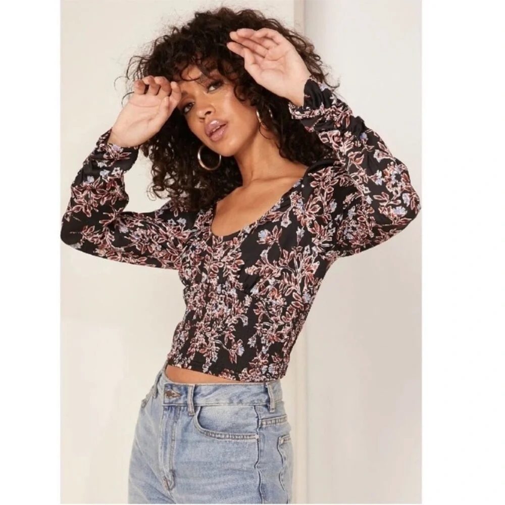 Free People Santiago Floral Crop Top Puff Sleeve Smocked Size Small