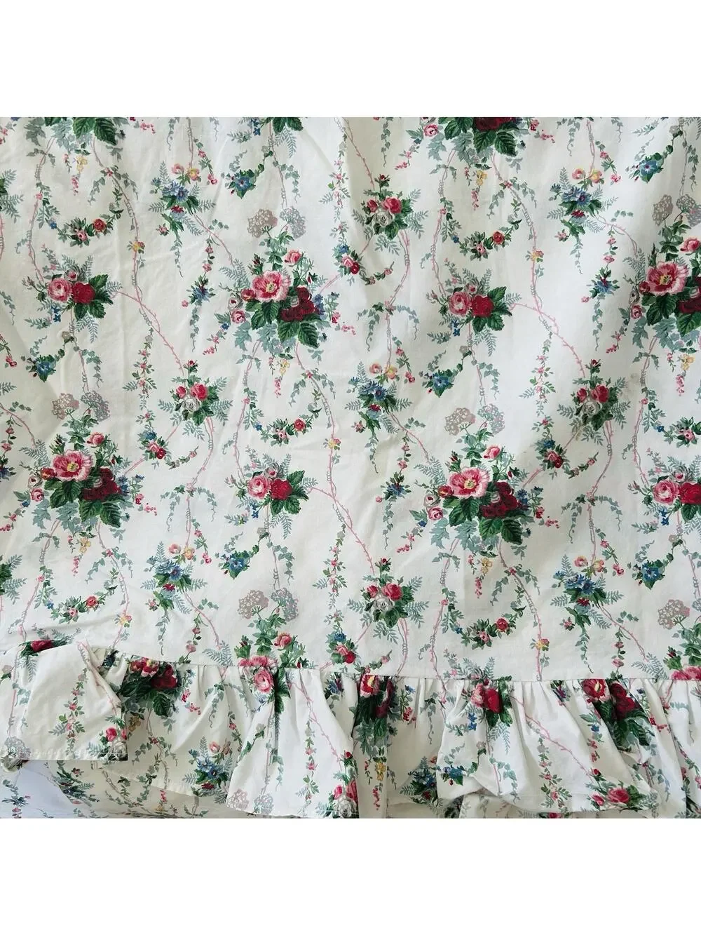 Ralph‎ Lauren Blaine Ruffled Flat Bed Sheet White Floral Cottagecore 84x96 Full