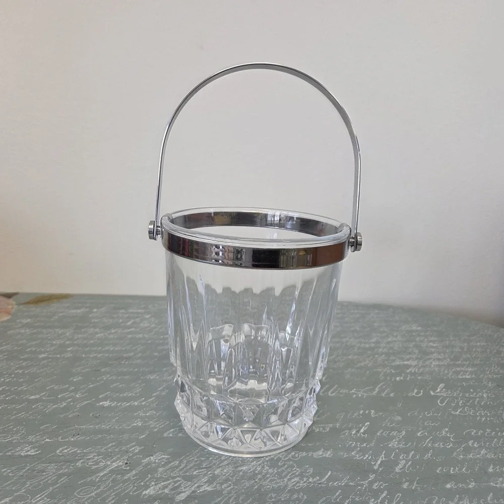 Vintage French Crystal‎ D'Arques Glass Ice Bucket Clear Chrome Handle 5
