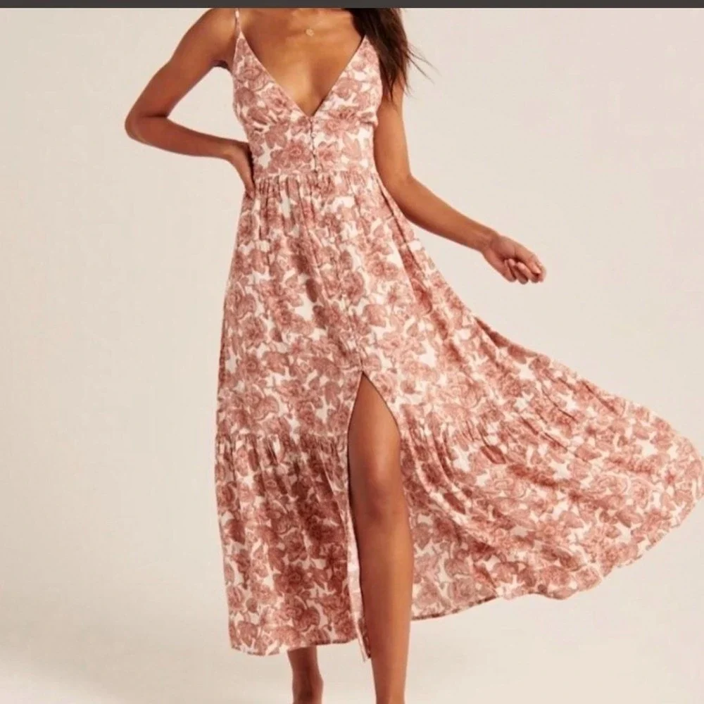 Abercrombie & Fitch Boho Linen Blend Floral V-Neck‎ Maxi Dress Large Cottagecore