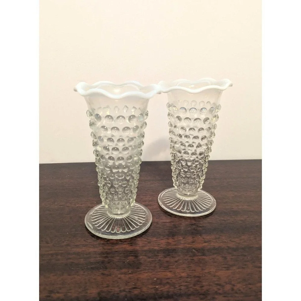 4pc Vintage Fenton Style Hobnail Glass Opalescent White Vases Candle Holders