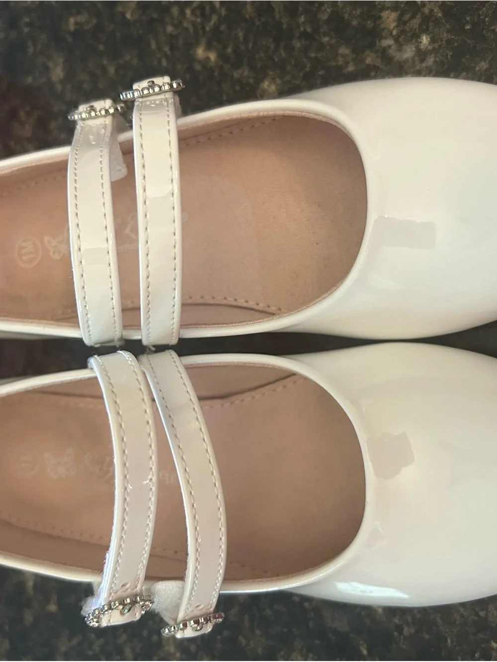 White Patent Mary Jane Heels with Decorative Buckles