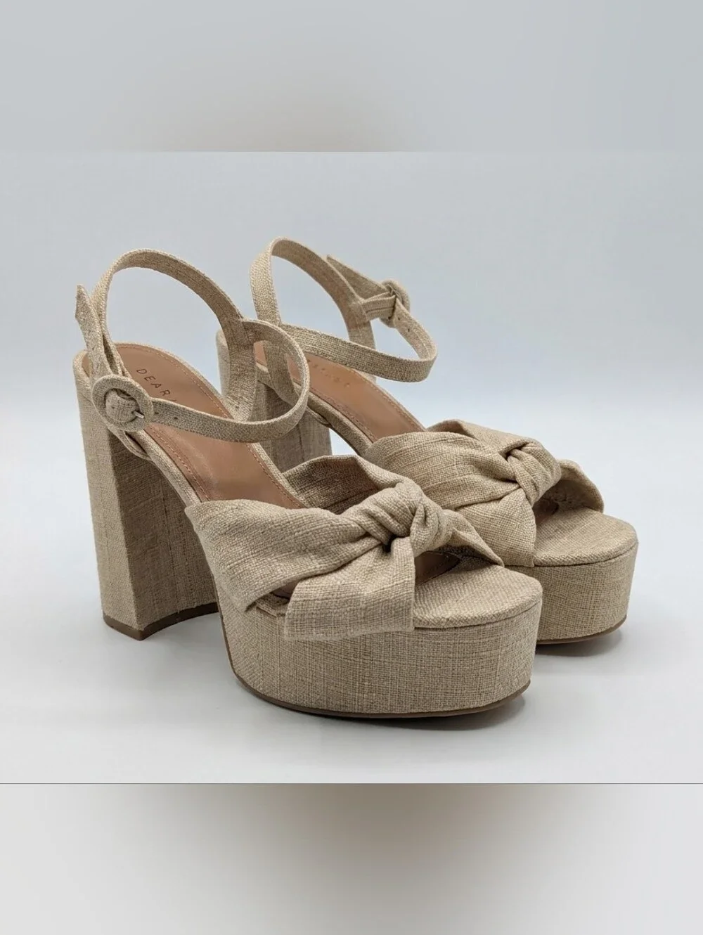ASOS DESIGN Nude Linen‎ Platform Block Heel Sandals Size 9.5 Ankle Strap