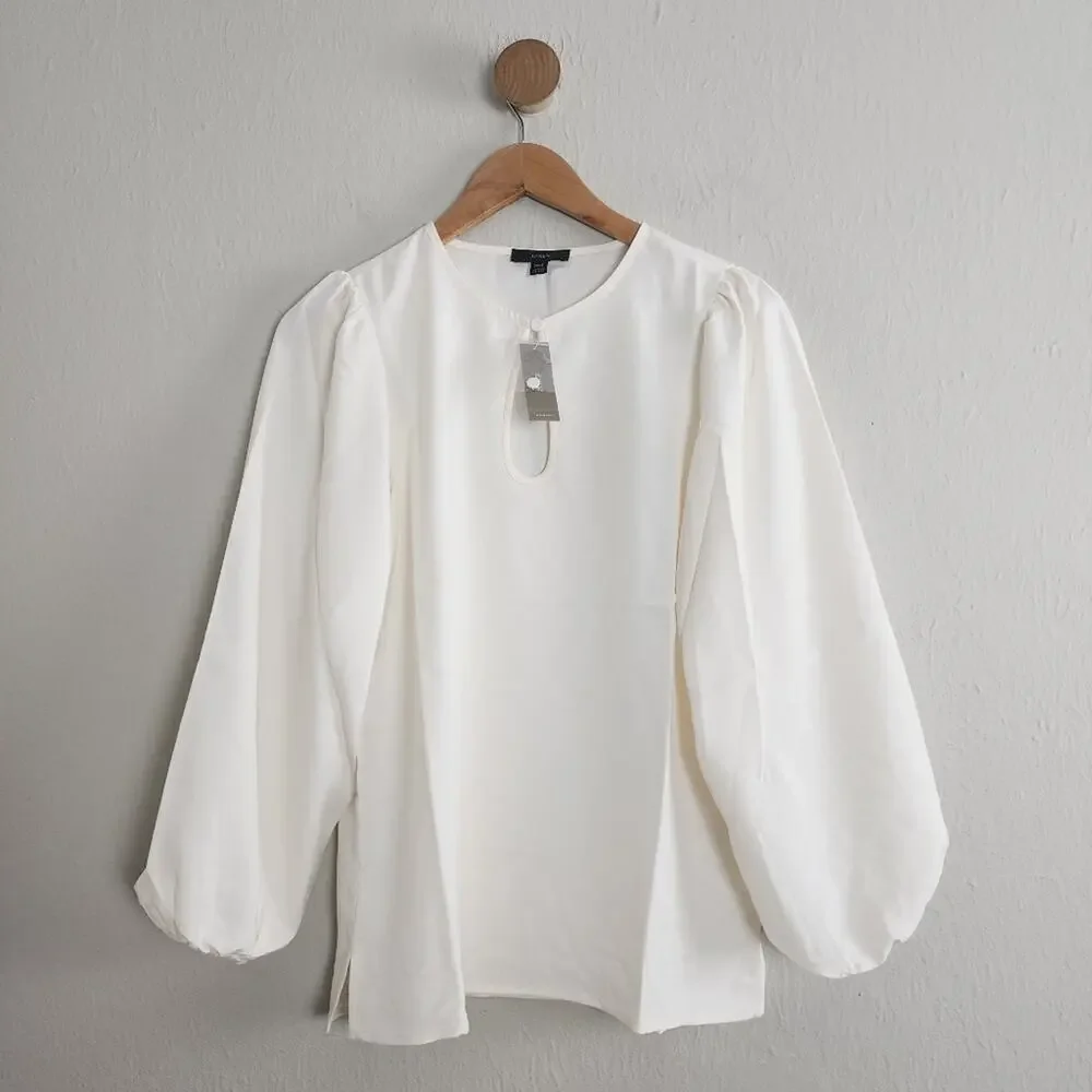 J. Crew Puff Sleeve Satin Back Crepe Top Ivory Keyhole Blouse NWT XS Tall