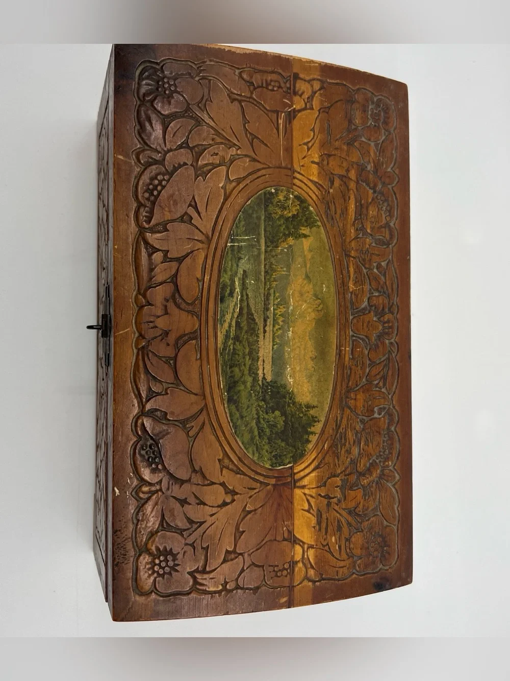 Vintage wooden carved jewelry keepsake box with mirror