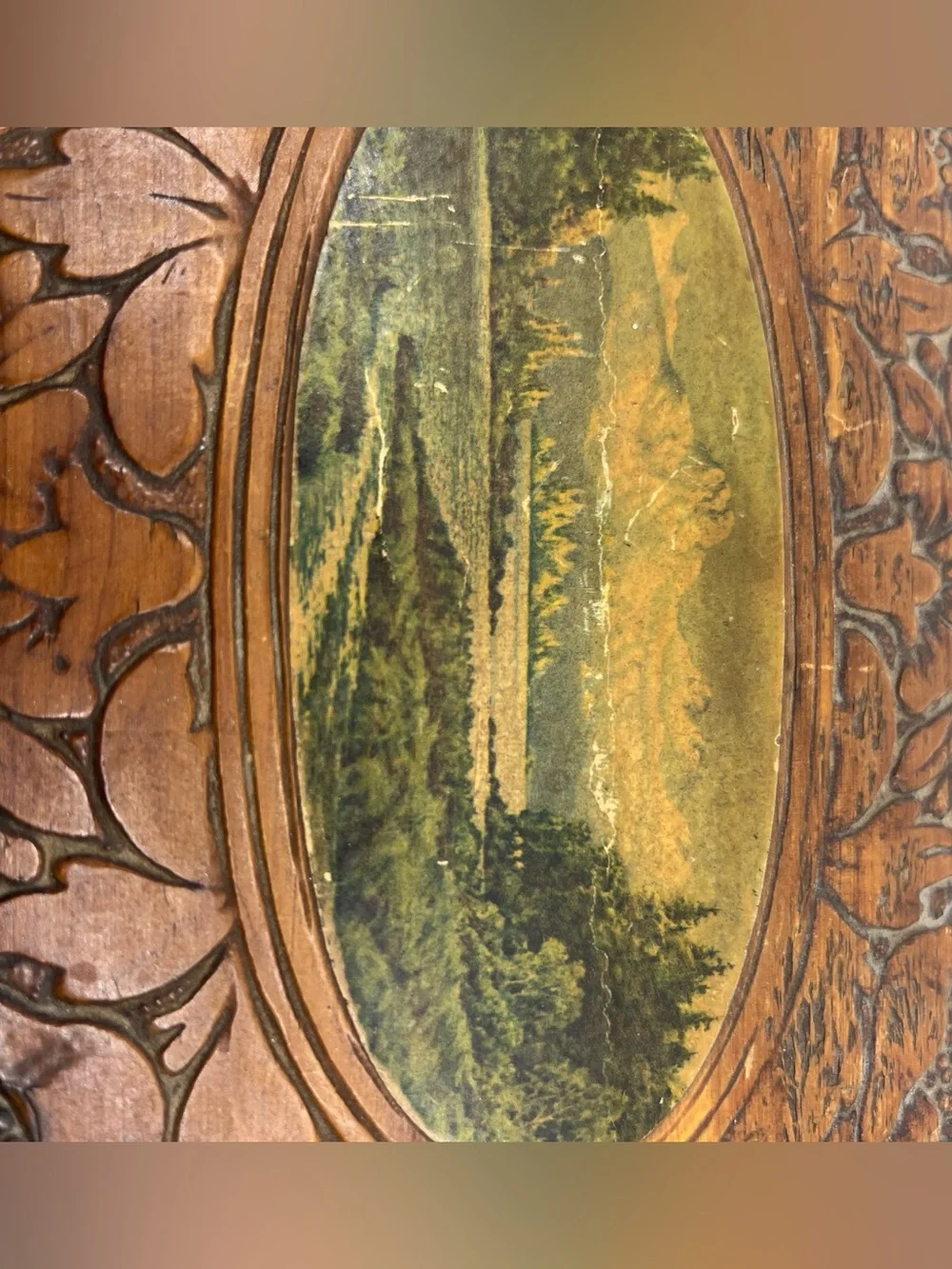 Vintage wooden carved jewelry keepsake box with mirror