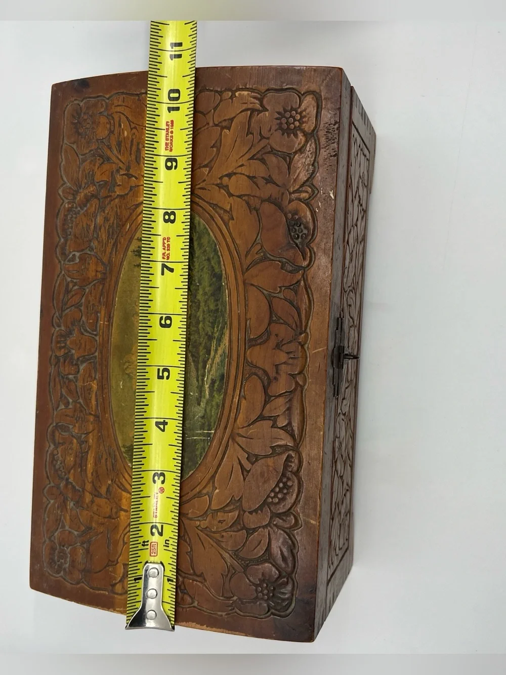 Vintage wooden carved jewelry keepsake box with mirror