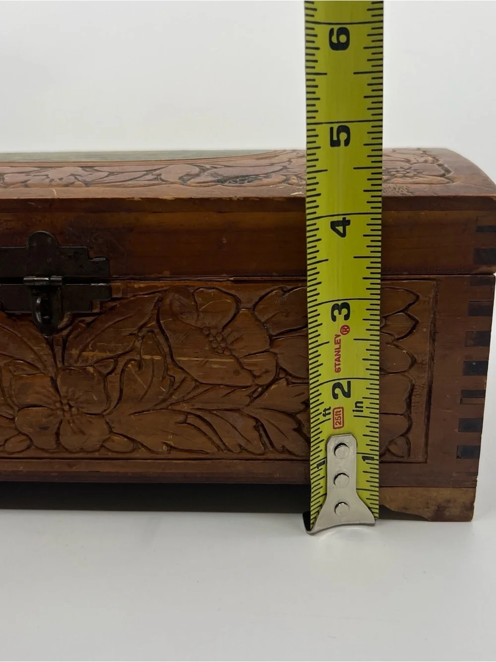 Vintage wooden carved jewelry keepsake box with mirror