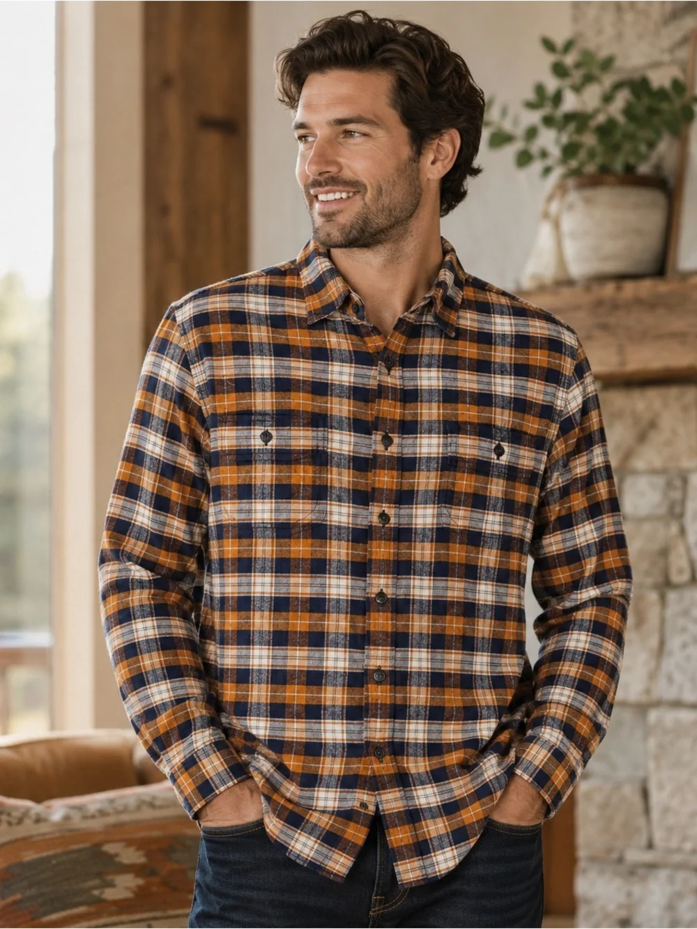 J.Crew Men’s Large Orange Blue Plaid Flannel Shirt Classic Fit 100% Cotton