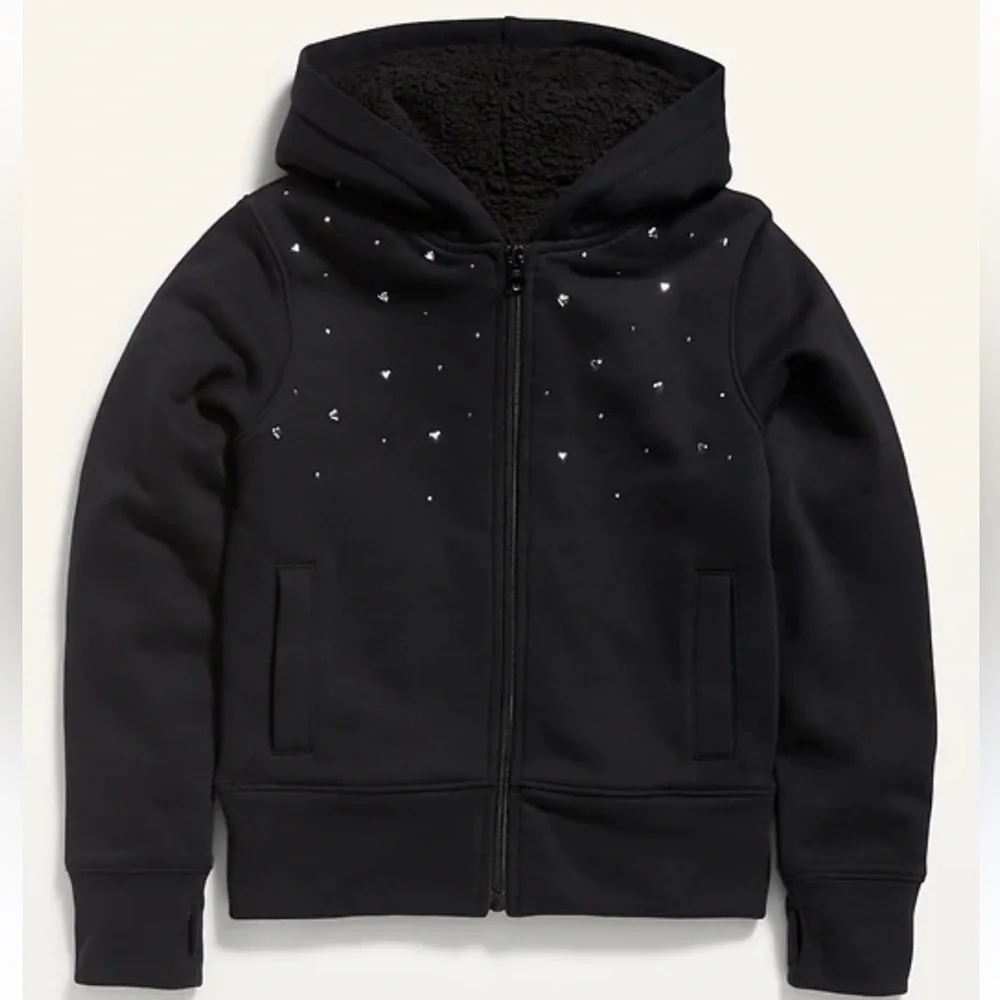 Old Navy Girls Sherpa Lined Full Zip Hoodie Small 6-7 Black with‎ Silver Hearts