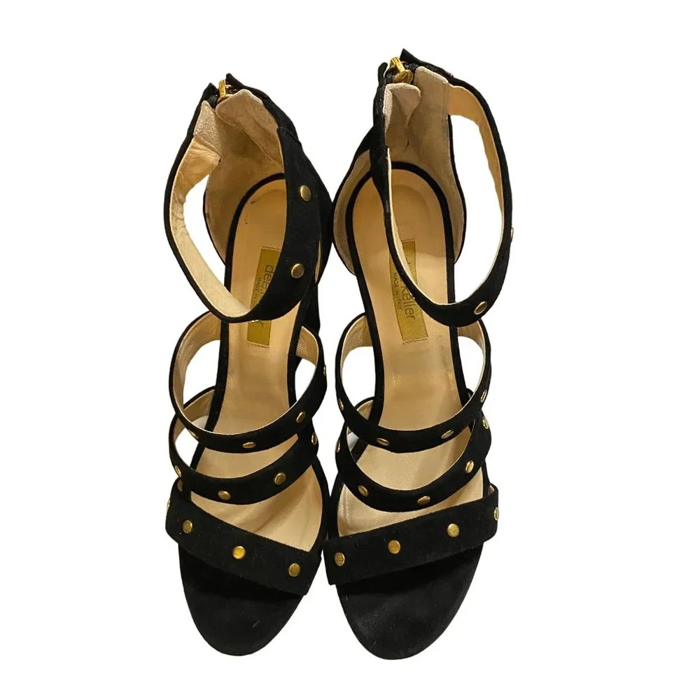 dee keller black strappy studded wedges‎ made in Italy Sz 39(8.5)