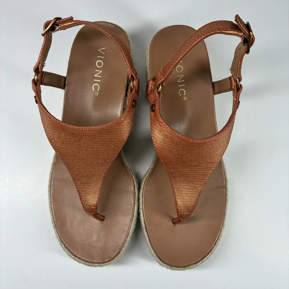 Vionic Kirra Women's US 8 Copper Leather Orthotic Casual Wedge Espadrille Sandal