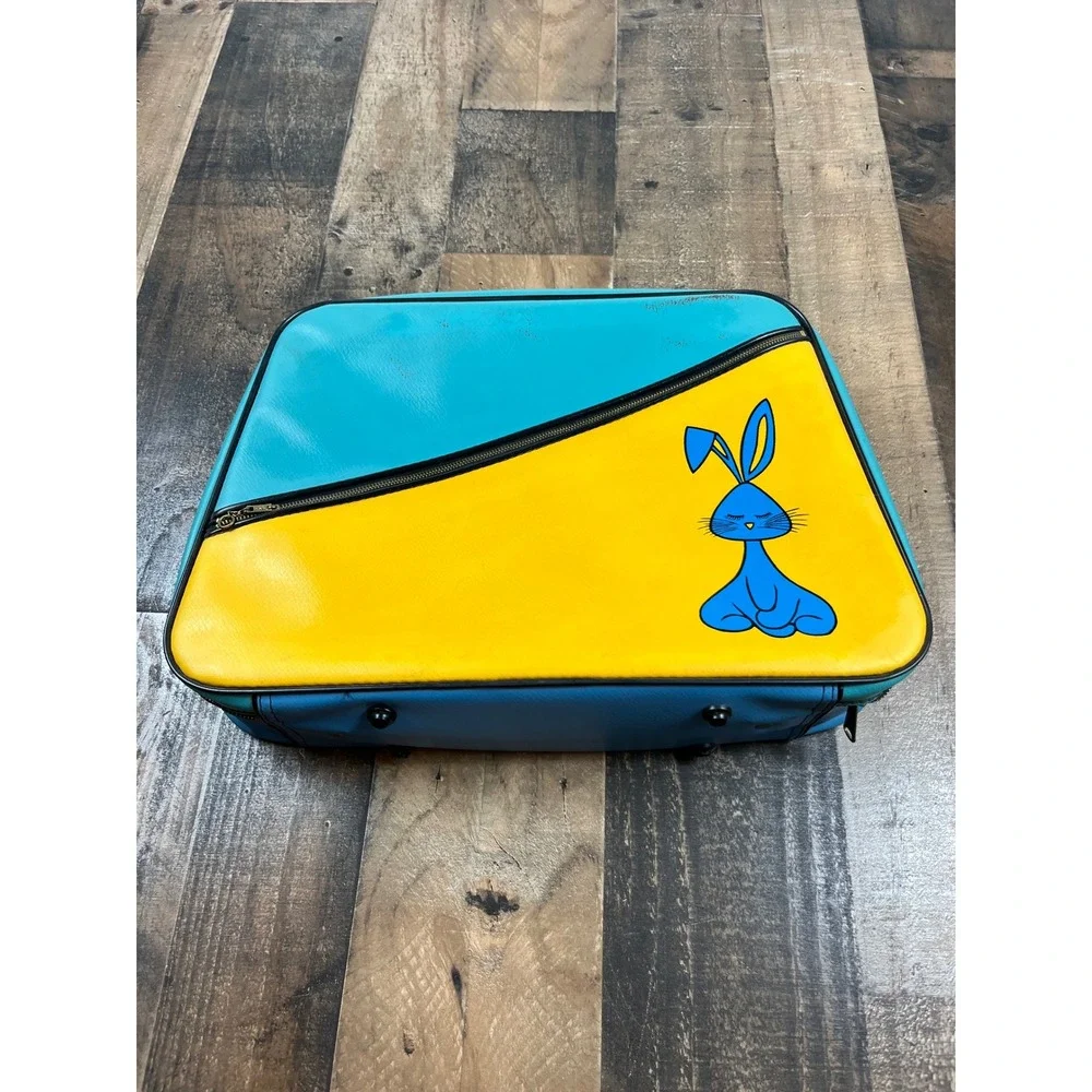 Vintage 70s Blue Yellow Bunny‎ Nesting Suitcase Set Retro Mod Travel Bags 2pc