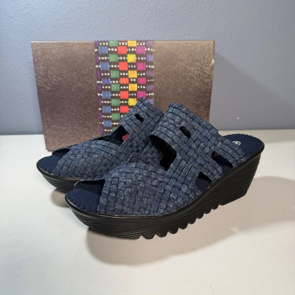 Bernie Mev Woven Wedge Sandals Women 40 Navy Blue New Platform Slides