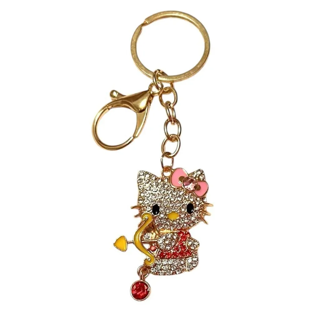 Cute Hello Kitty Cupid Red And Clear Crystal Yellow Bow Keychain
