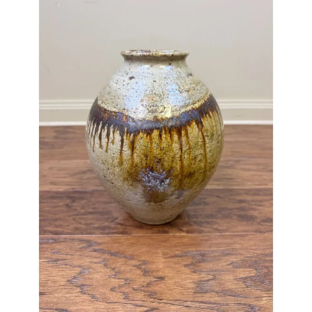 Signed Studio Pottery Drip Glaze Urn/Vase, Neutral Colors, Large