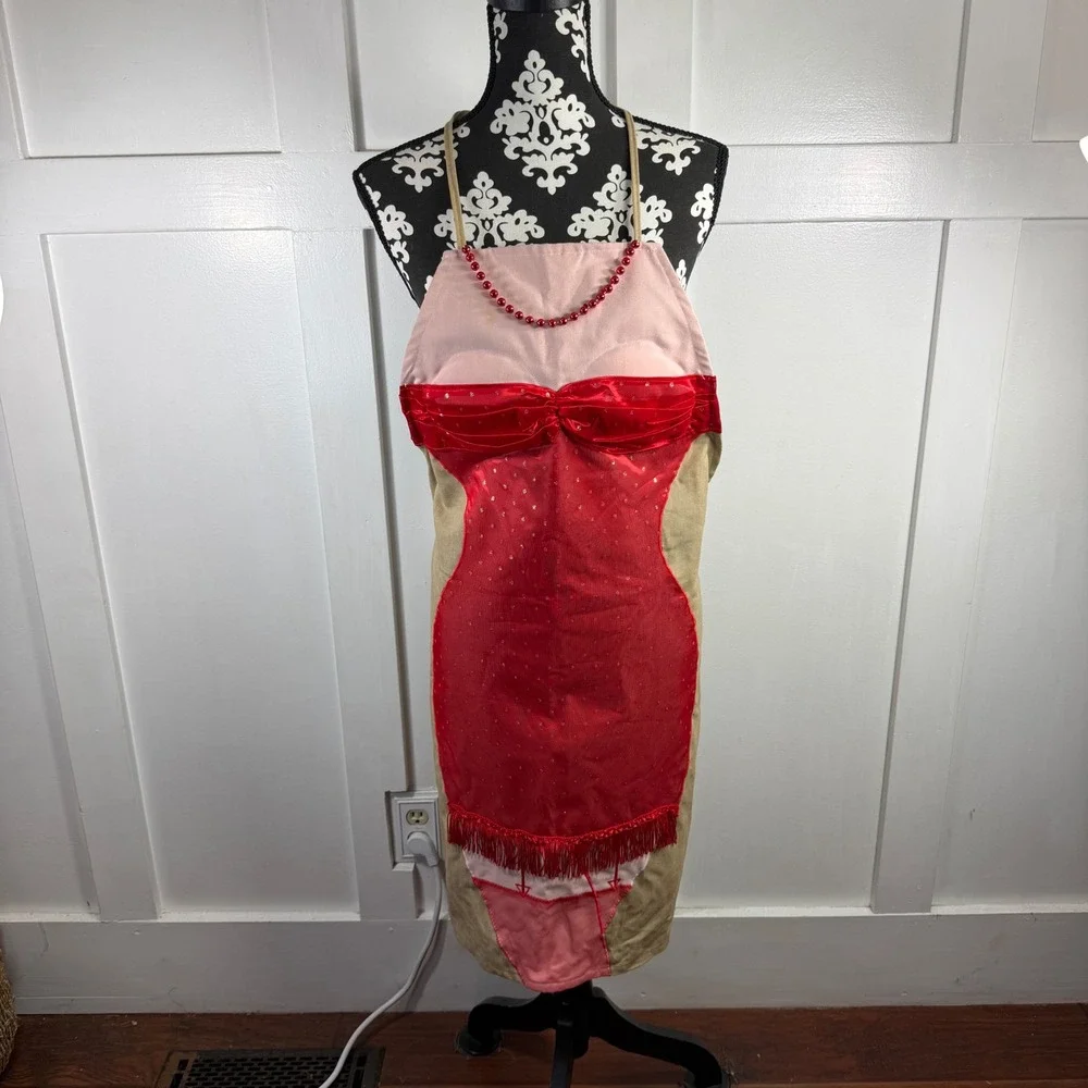 Novelty Burlesque Showgirl Kitchen Apron Red Sequin Fringe Pinup Kitschy Tan