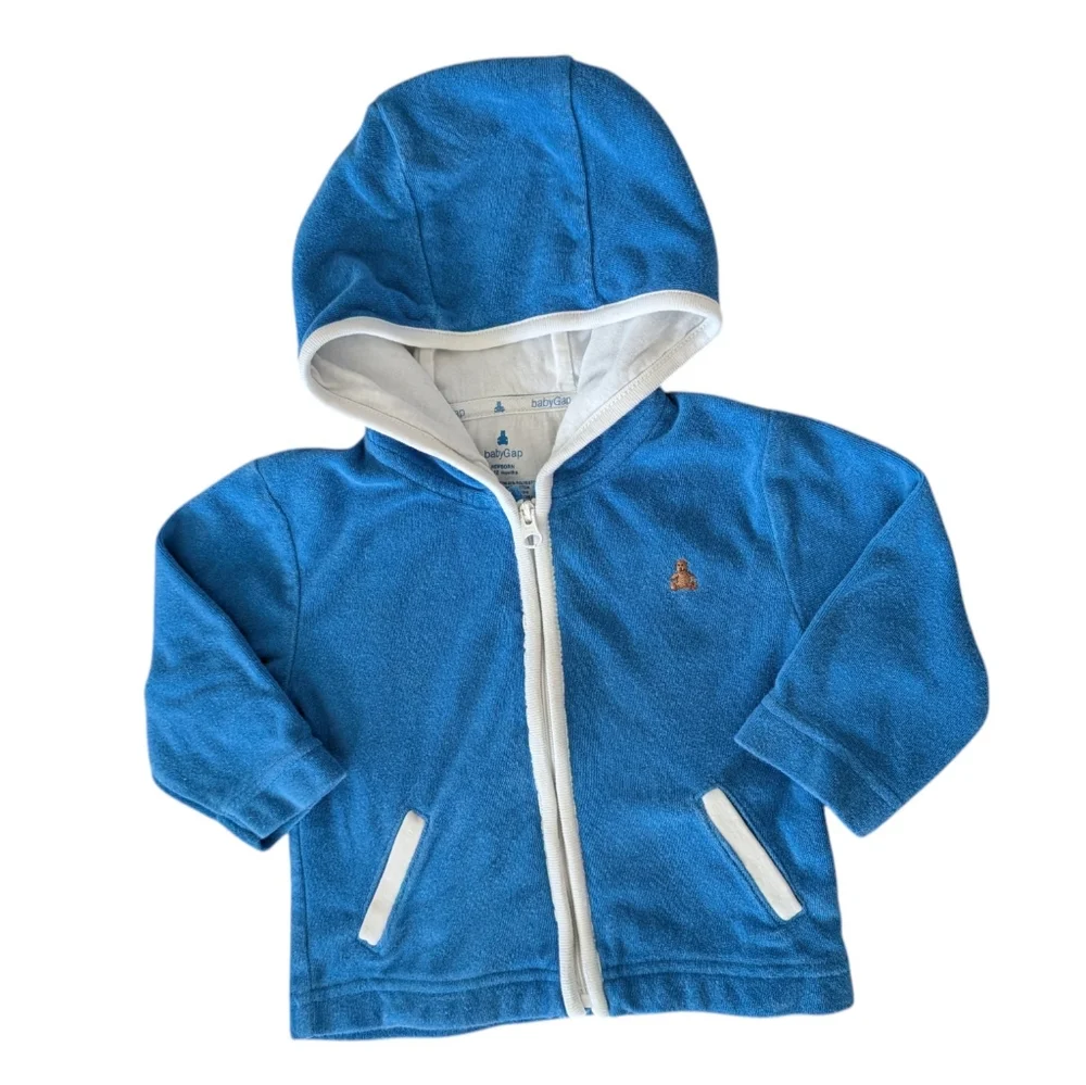Gap Baby Y2K Blue‎ Hooded Terry Cloth Jacket Embroidered Bear Size 6/12 Months