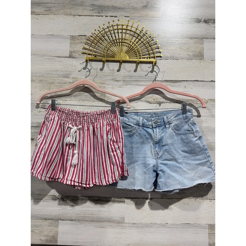 Old Navy Wishful Park Shorts Girls 14 XL Blue Red Denim Striped Coastal EUC