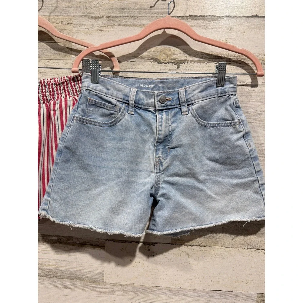Old Navy Wishful Park Shorts Girls 14 XL Blue Red Denim Striped Coastal EUC