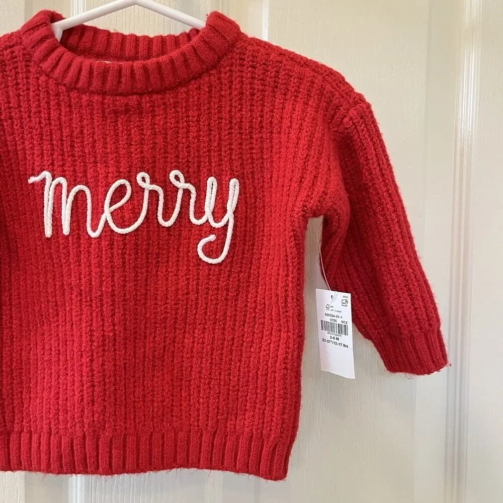 Old Navy Red Merry Embroidered Christmas Sweater Baby Girls Size 3-6 Months NWT