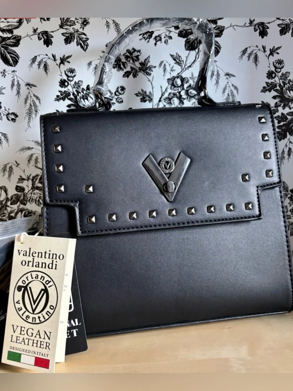 NWT Valentino Orlandi Black Vegan Leather Studded Satchel w/matching Wallet