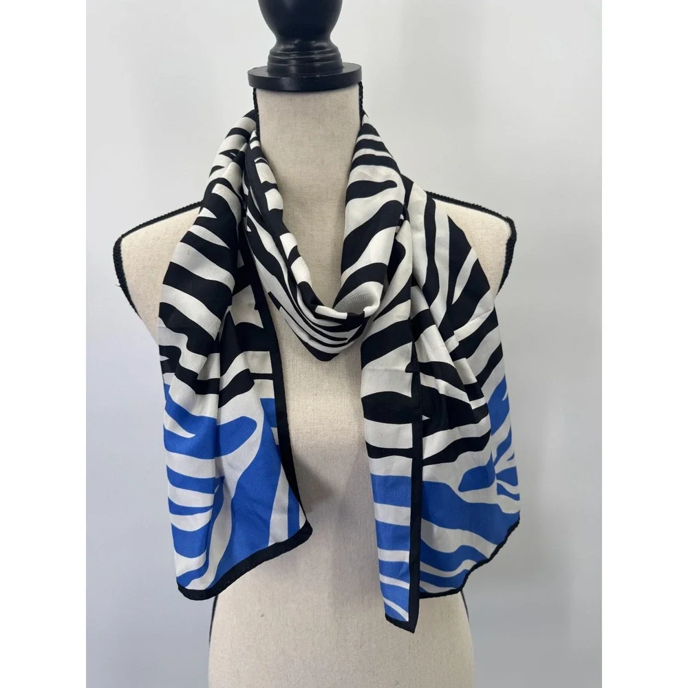 Anne Klein Zebra Striped Silk Scarf Shawl Wrap Colorblock Black White Blue 13x62