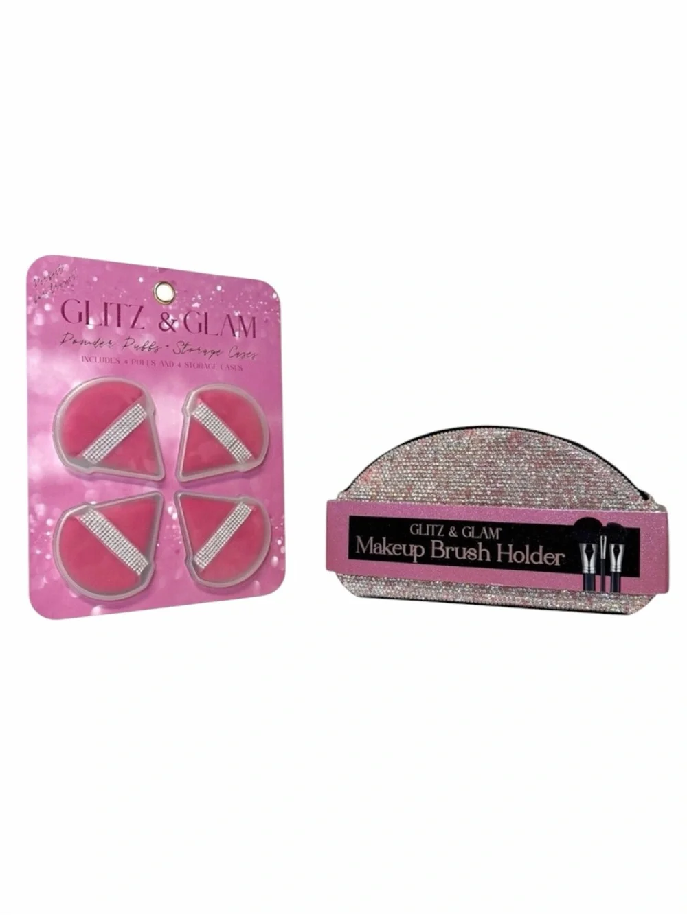 Glitz & Glam Pink Rhinestone Makeup Brush Holder and 4pc Powder Puff‎ Set NEW