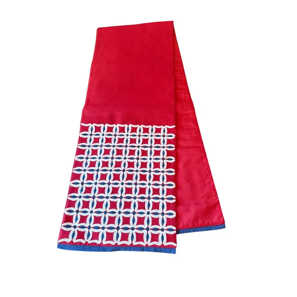 Pier 1 Imports Table Runner Red Embroidered Geometric Cotton 13x72 Navy White