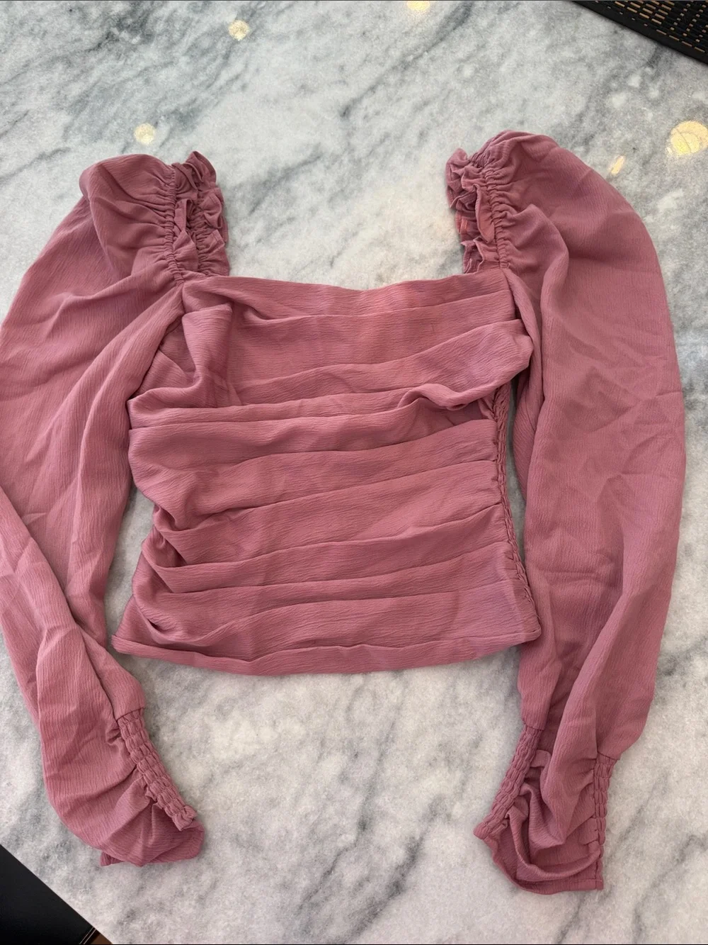 Astr Ruched Square Neck Long Sleeve Top in Mauve Pink