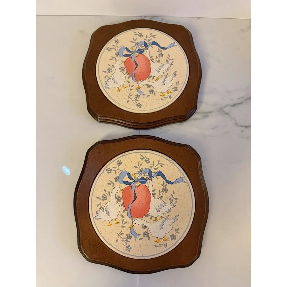 2 Vintage Marmalade Geese Ceramic and Wood Hot Plate Trivet Or Wall Hangings