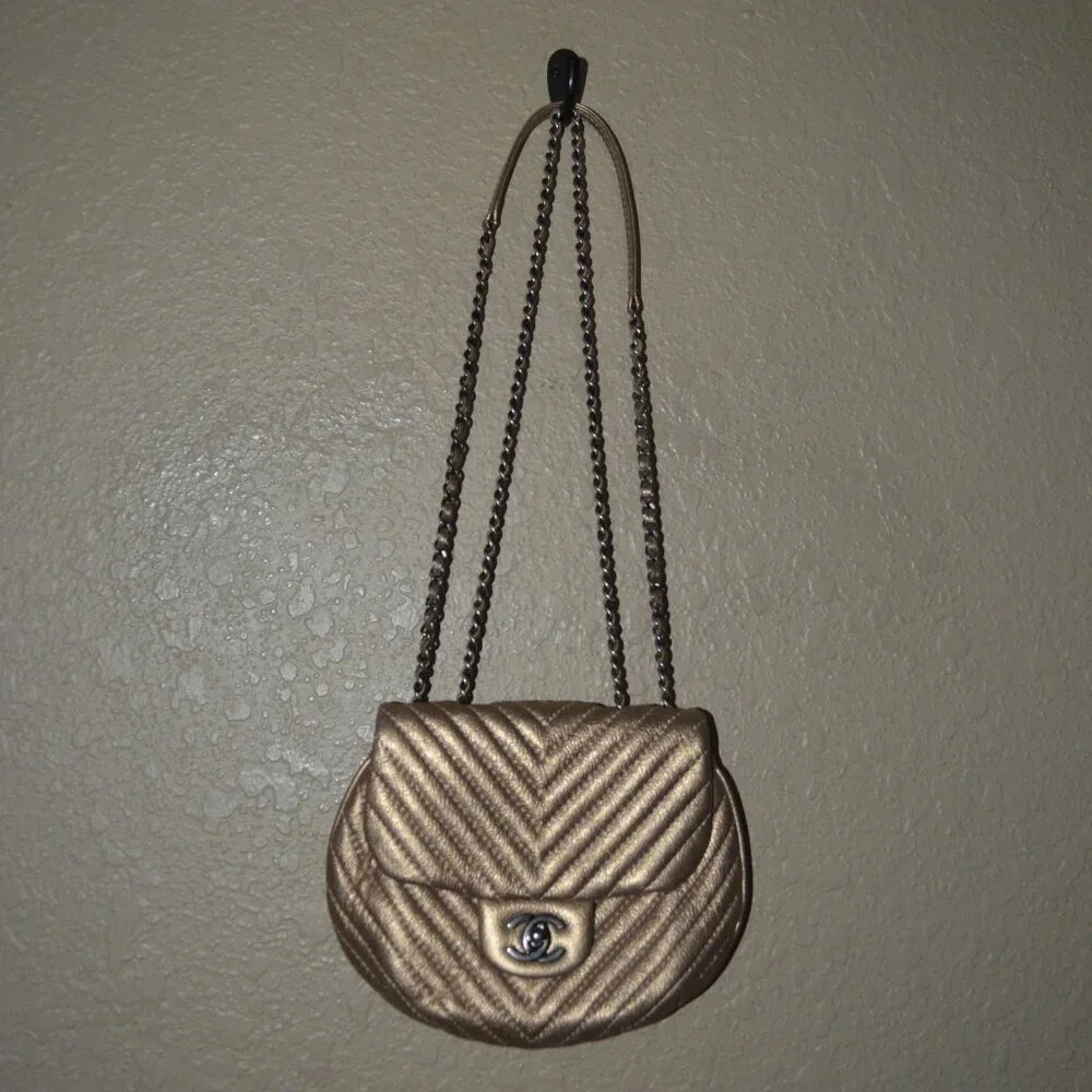 Chanel Bronze Leather Mini Chevron Messenger Shoulder Crossbody Handbag