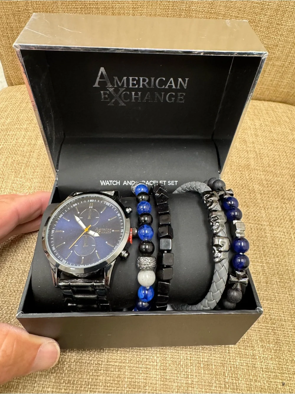 American Exchange Men’s Quartz Watch Blue Dial Black Bracelet Set Box