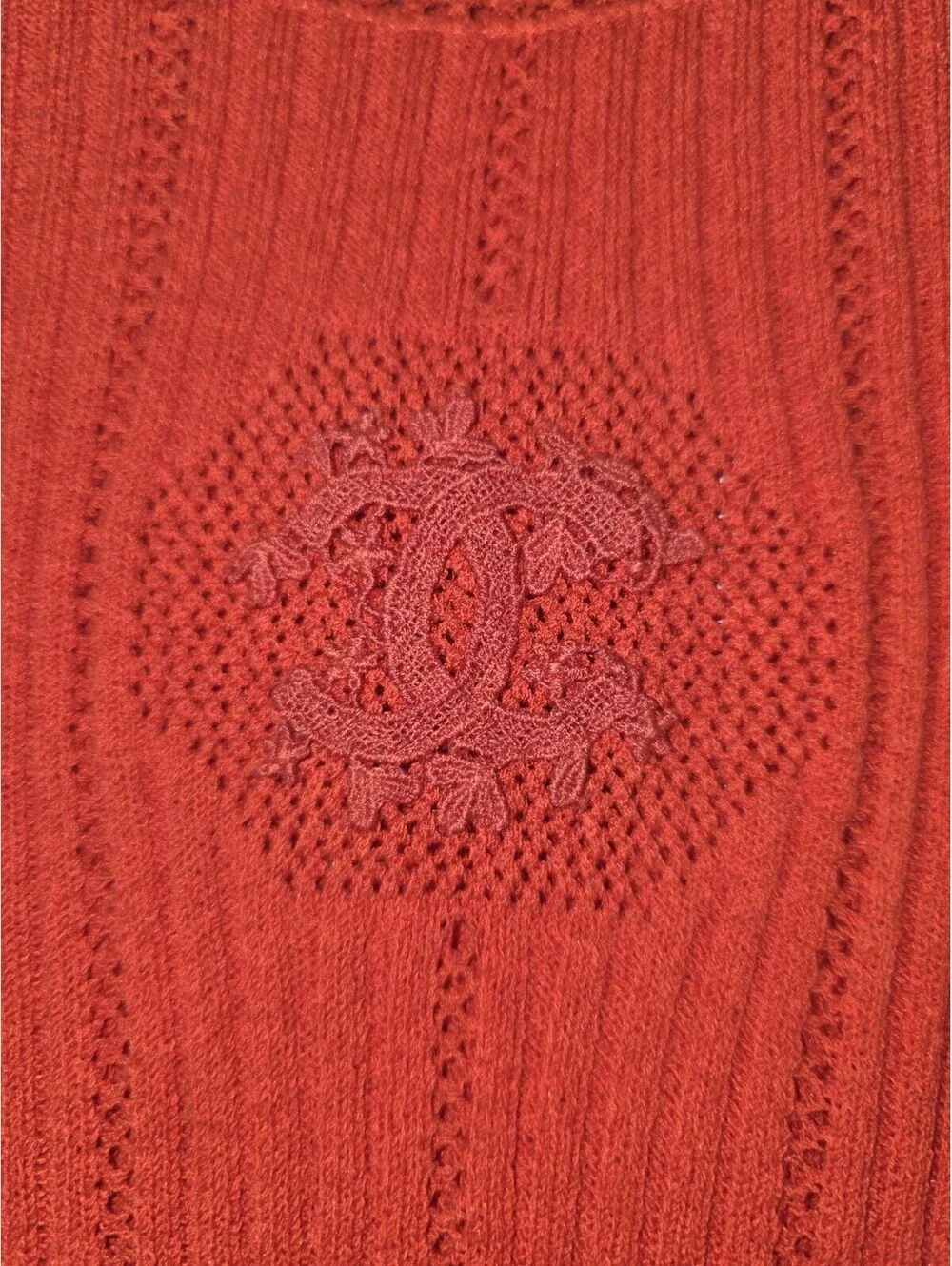 Vintage Chanel Monogram CC Knit Short Sleeve Ribbed Top Red Size 46 MINT