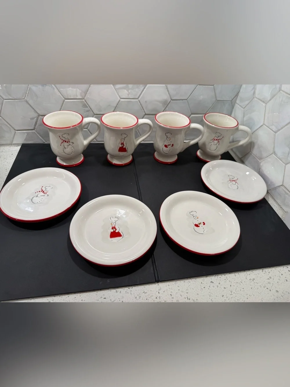 Williams Sonoma Snowman Chef Christmas Holiday 8pc Set 4 Mugs & 4 Plates RETIRED