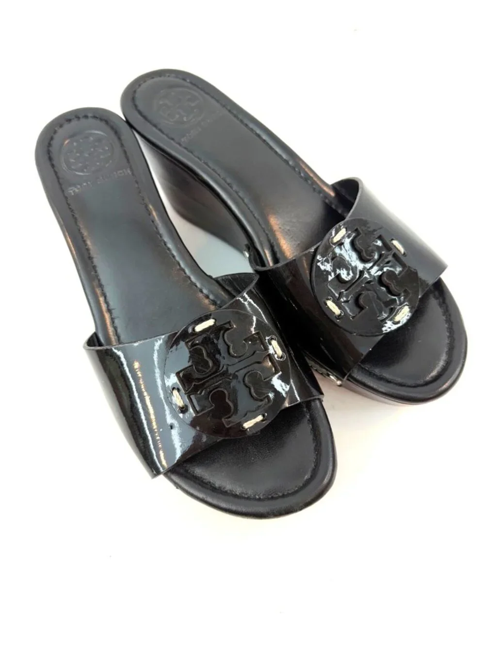 Tory Burch Women's Patent Leather Wedge Heel Open Toe Sandal Black Wood Heel 6.5