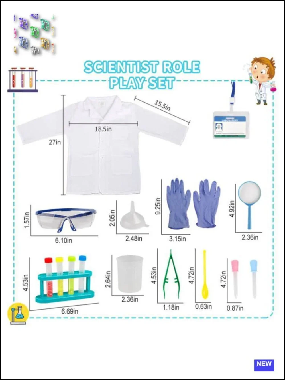 Kids Scientist Costume Lab Coat with 15 Pc STEM Experiment Kit