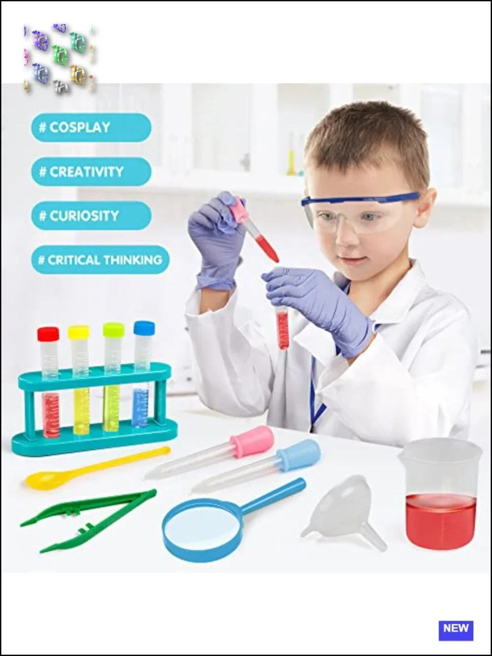 Kids Scientist Costume Lab Coat with 15 Pc STEM Experiment Kit