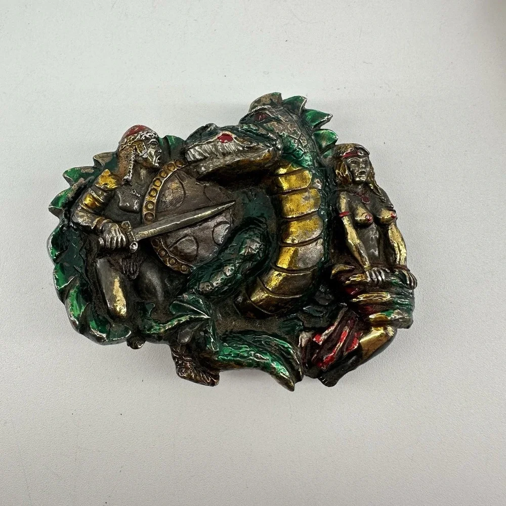 Vintage Belt Buckle Dragon Slayer Knight Nude‎ Woman 1984 Serial #H1421 GABC USA