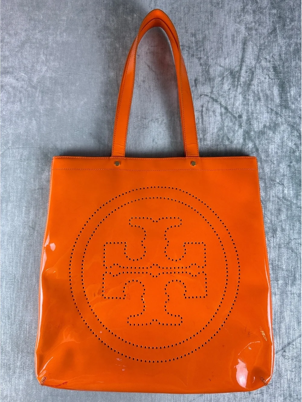 Tory Burch Orange Patent Leather Perforated Logo Tote
