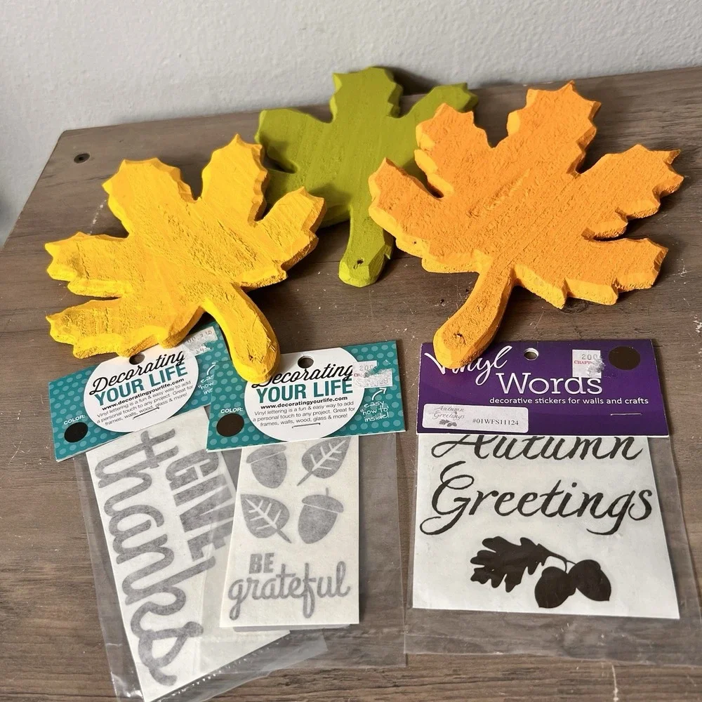 Autumn Decor Lot Wooden 3 Leaf Cutouts & Fall‎ Vinyl Word Decals *See Details