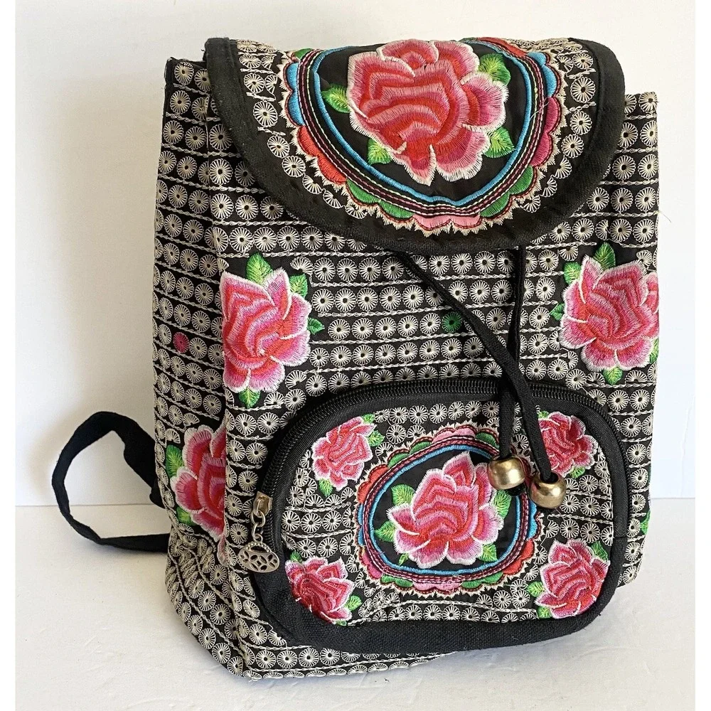 Unbranded Backpack Womens Medium Floral Rose Embroidered Boho‎ Black Excellent