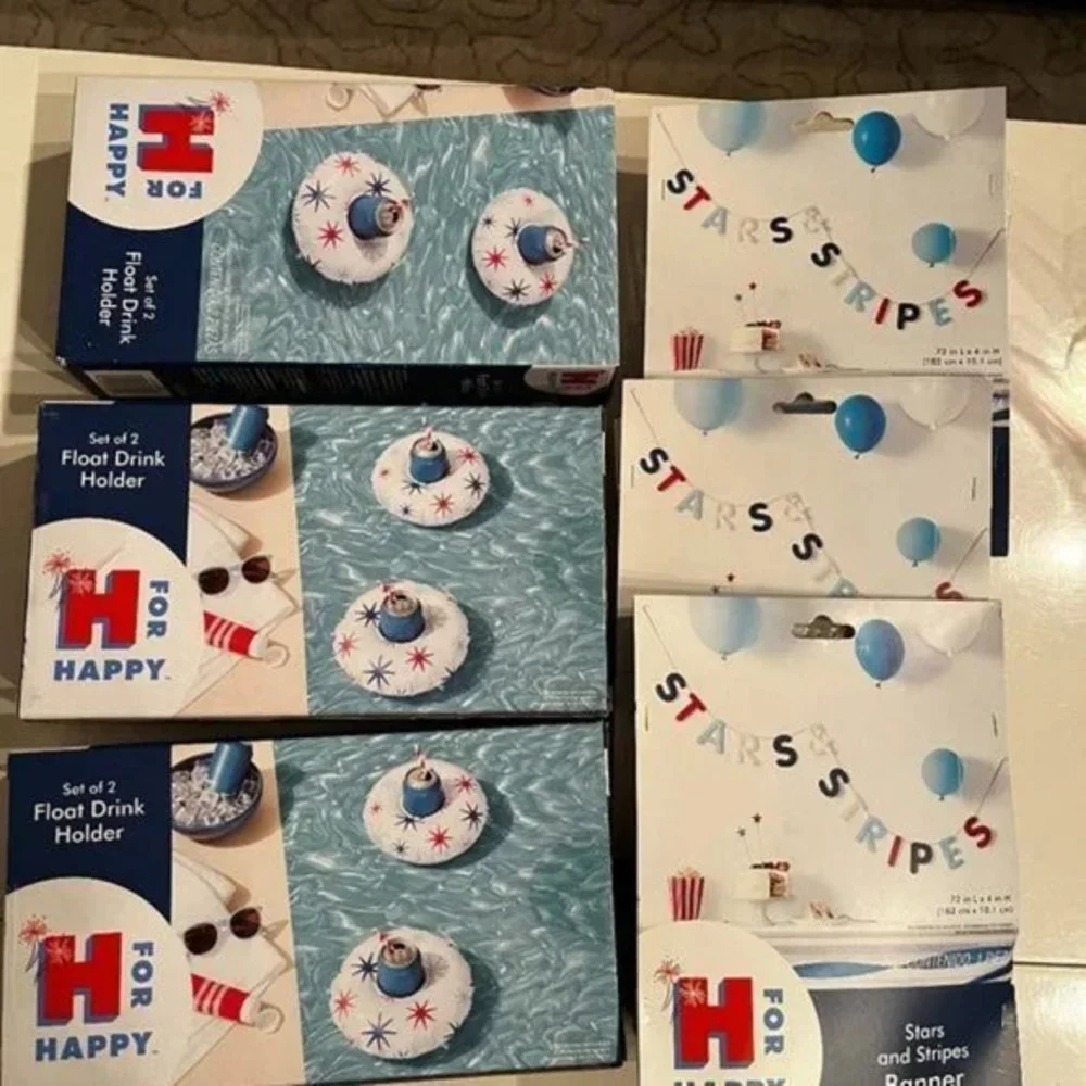4th of July Decorations -3 Banners & 6 Inflatable Float Drink Holders (new) (ps)