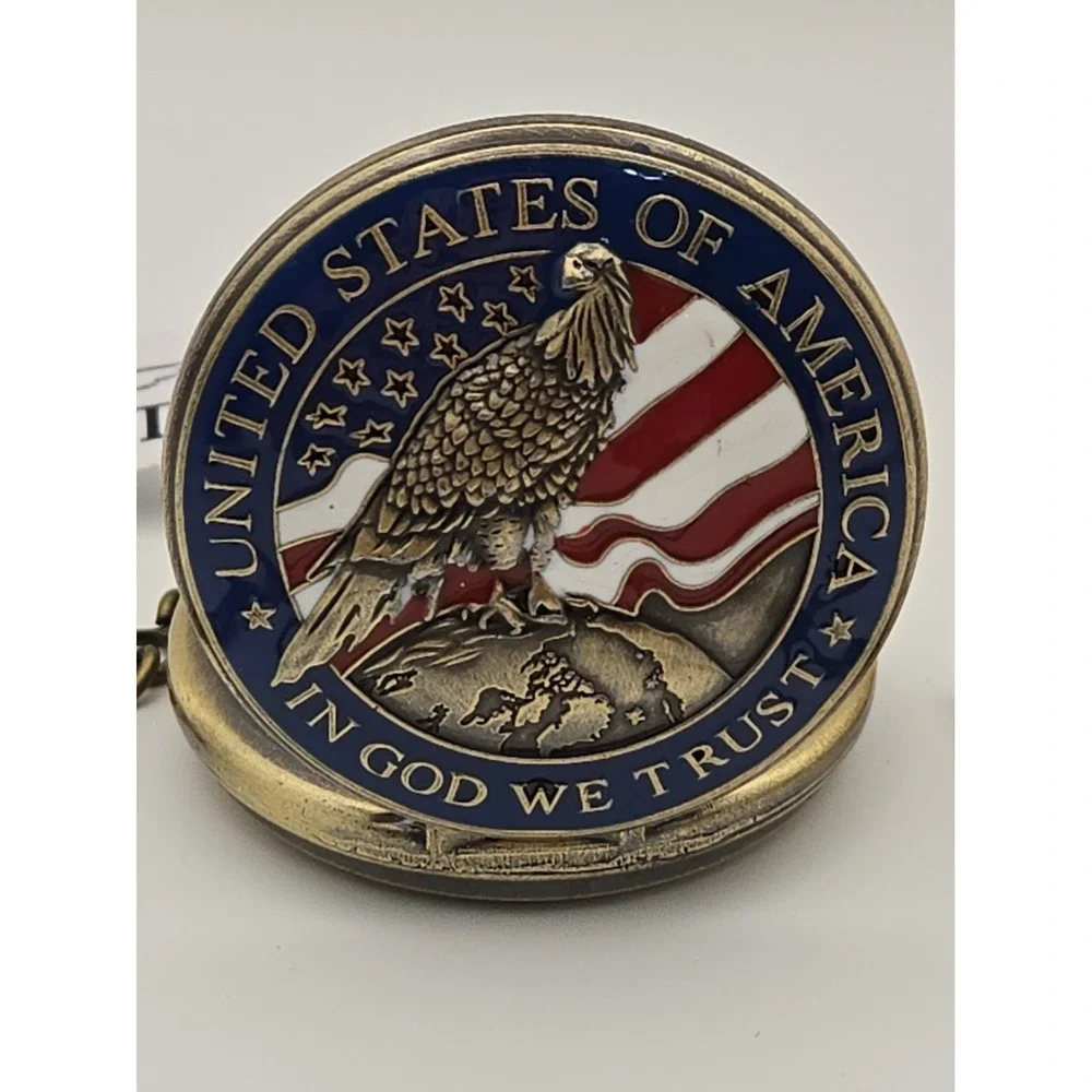 NIB Invicta 49008 Goldtone Pocket Watch  W/ USA, American Eagle,Flag Stars,Chain